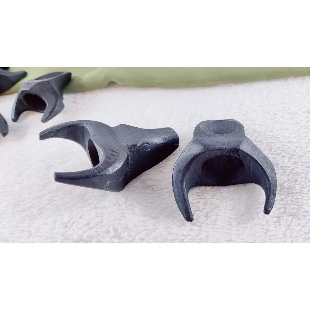 Water Buffalo Napkin Rings Hand Carved Hard Wood Black Set of 8 Vtg MCM Bull Hds